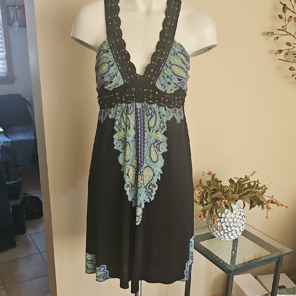 FREE PEOPLE Black and Blue beaded Paisley Halter Dress